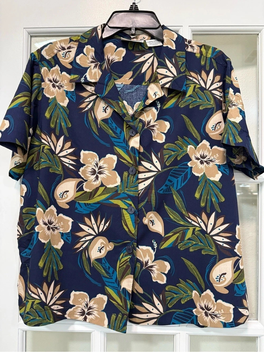 Basic Editions Floral Short Sleeve Shirt Blue & Green Large